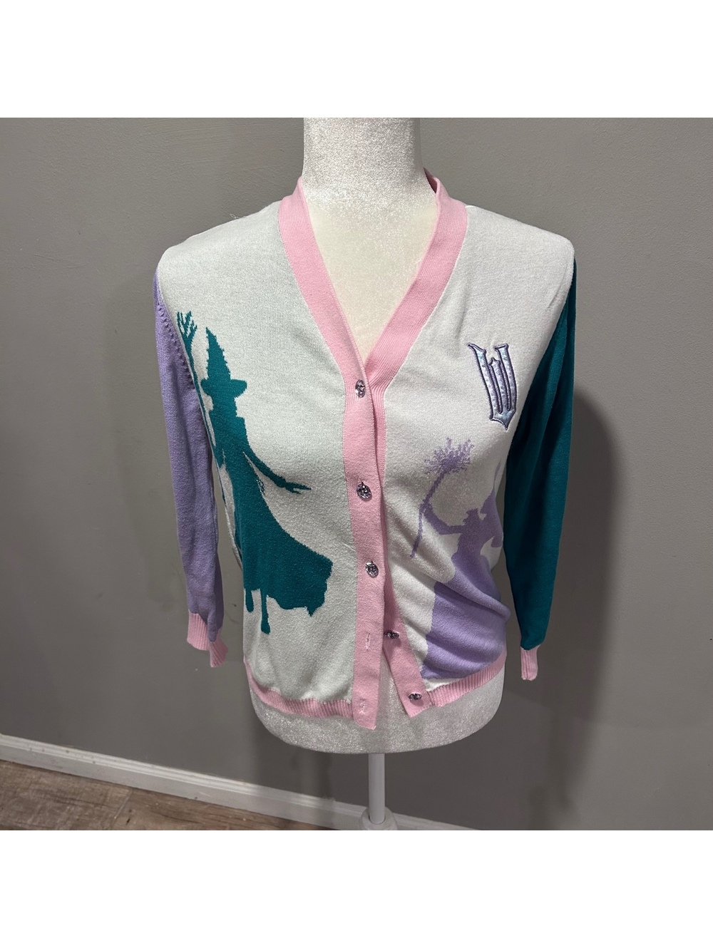 Girls’ Wicked Elphaba & Glinda Button-Down Cardigan Size XL 14 Green, Purple